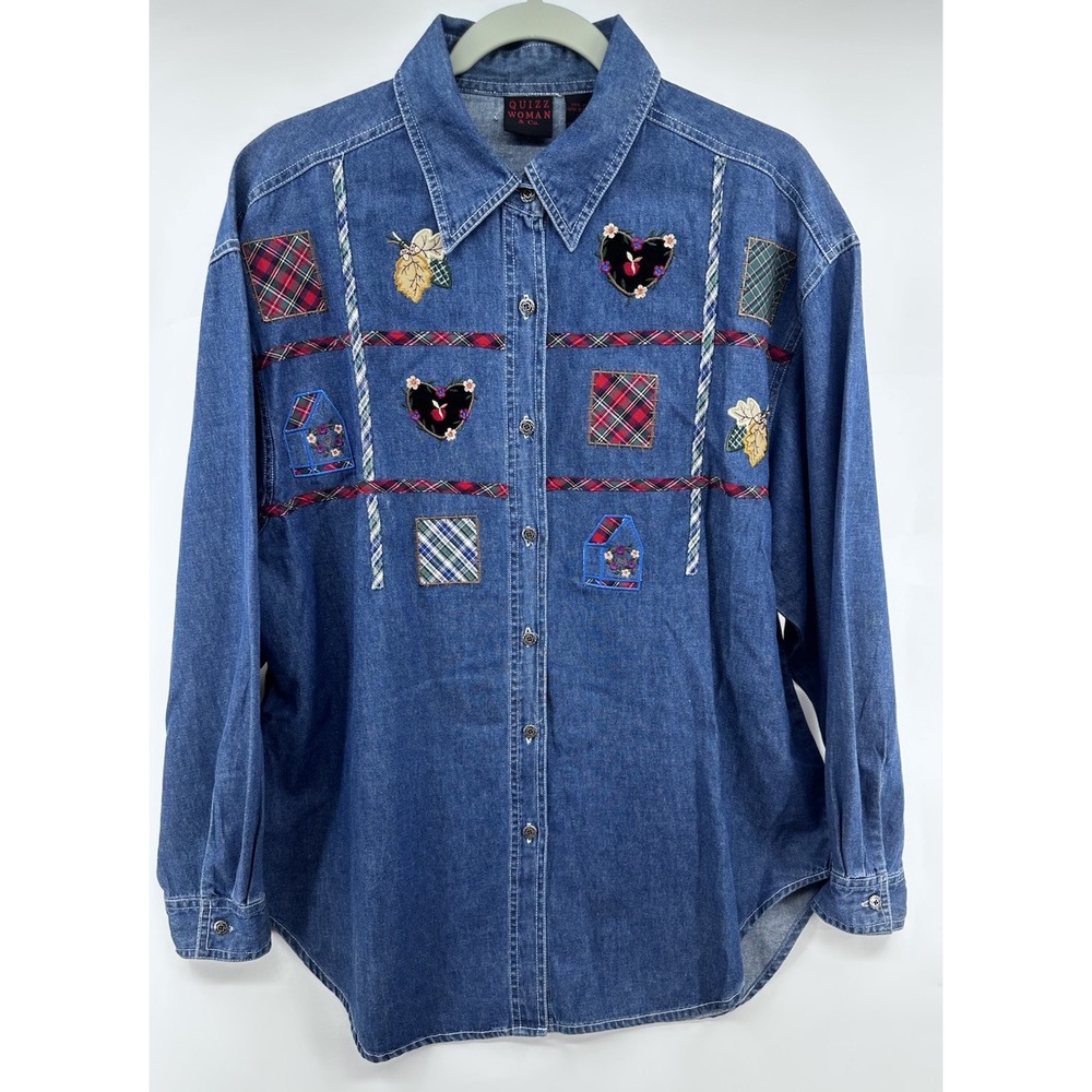 Quizz Woman & Co. Size 18 100% Cotton Denim Gingham Embroidered Button Down